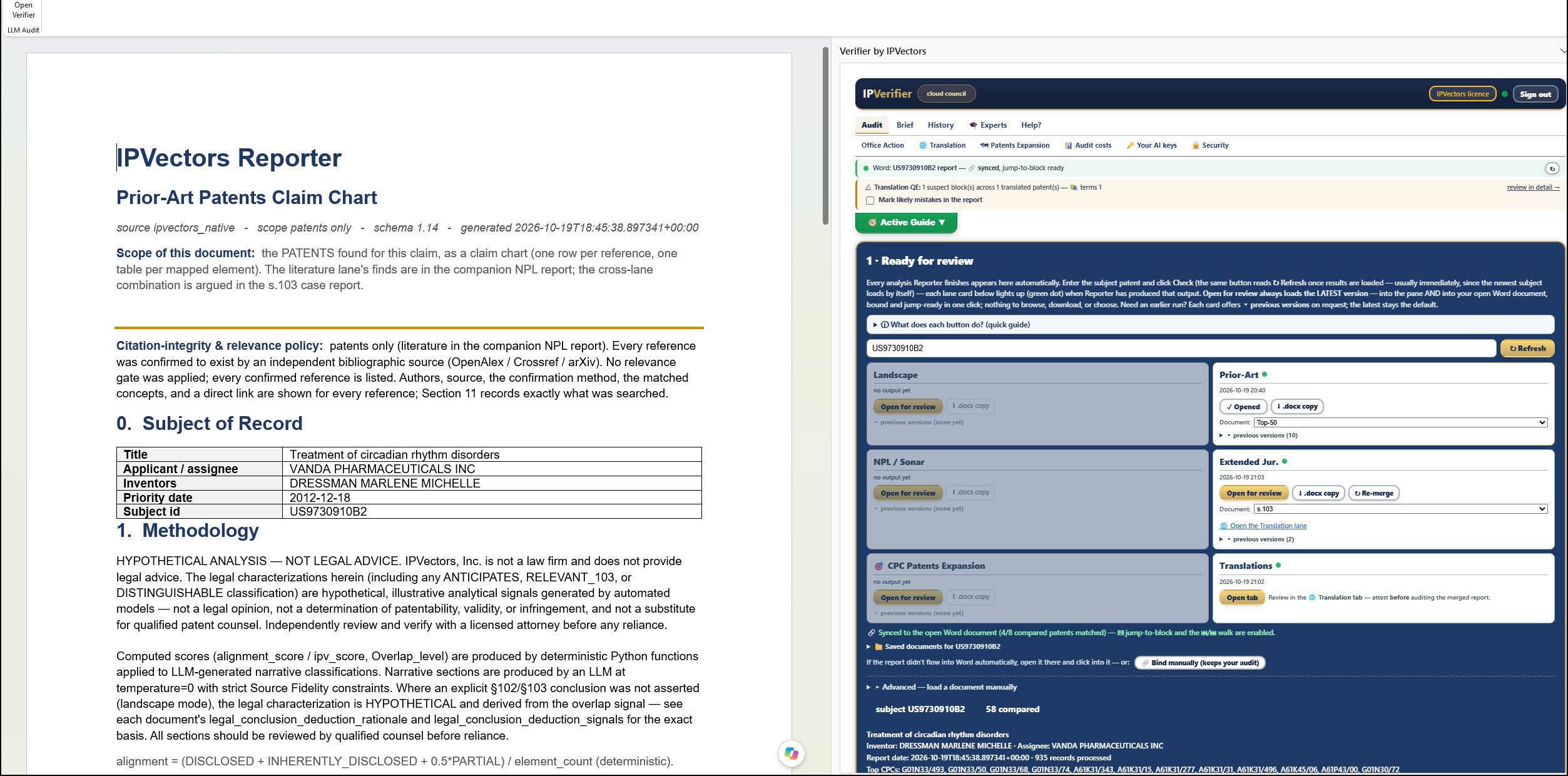 Word with the US9730910B2 prior-art claim chart open on the left, and the IPVerifier pane on the right showing the Ready for review cards: Prior-Art, Extended Jurisdictions and Translations lit for 2026-10-19, with the status bar reading synced, jump-to-block ready.