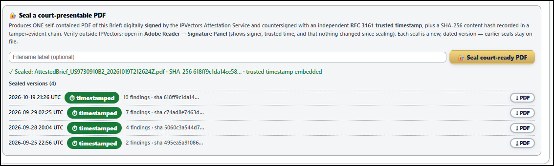 The Brief's seal panel: a sealed court-ready PDF with SHA-256 hash and trusted timestamp embedded, and a list of four sealed versions, each timestamped, with the number of findings and hash for each.